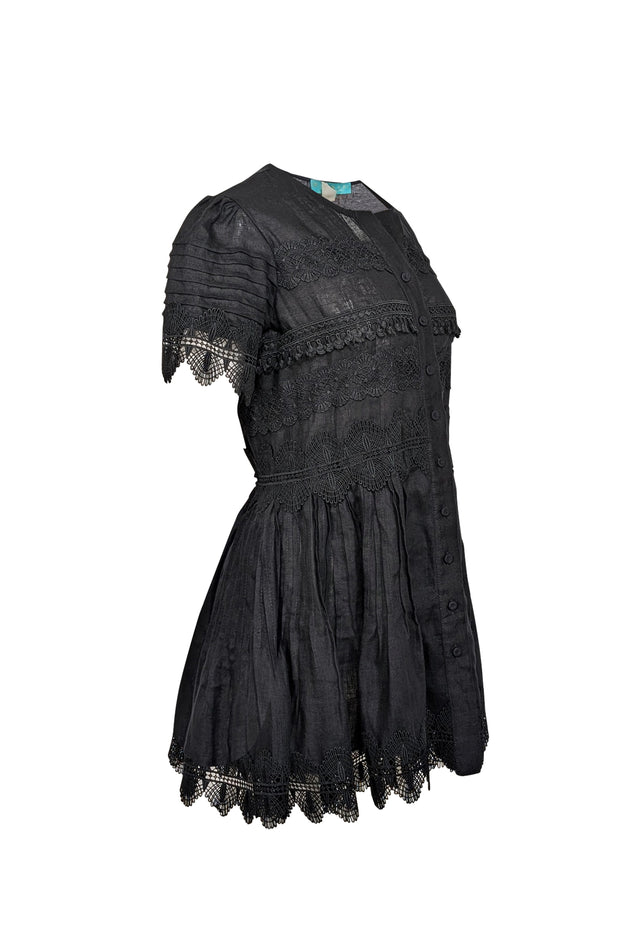 Current Boutique-Waimari - Black Linen Button Front Eyelet Lace Trim Dress Sz L