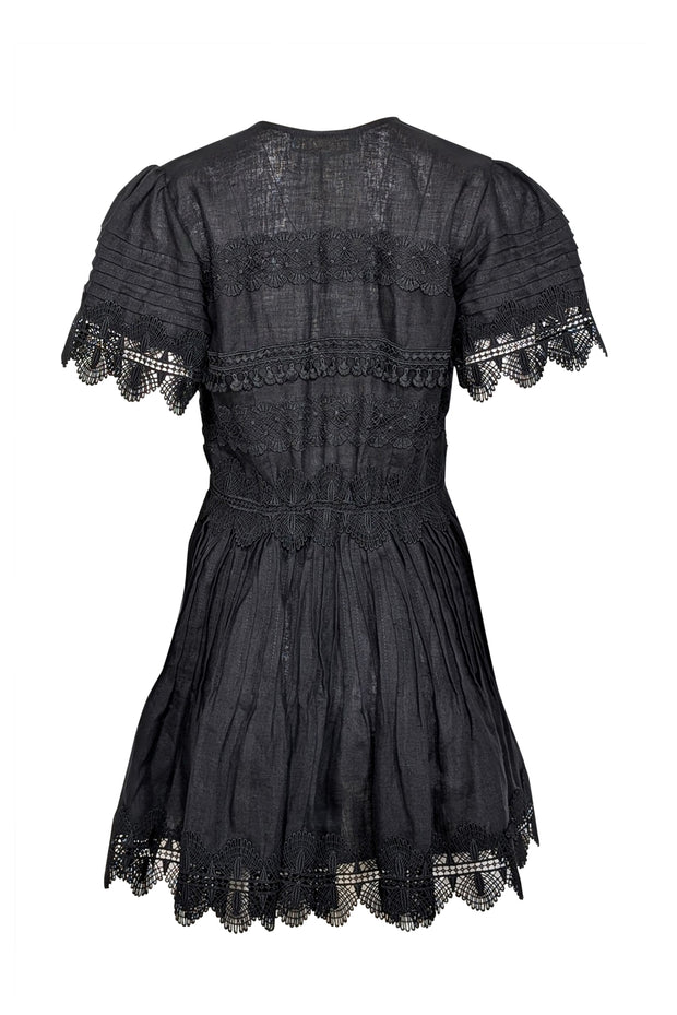 Current Boutique-Waimari - Black Linen Button Front Eyelet Lace Trim Dress Sz L