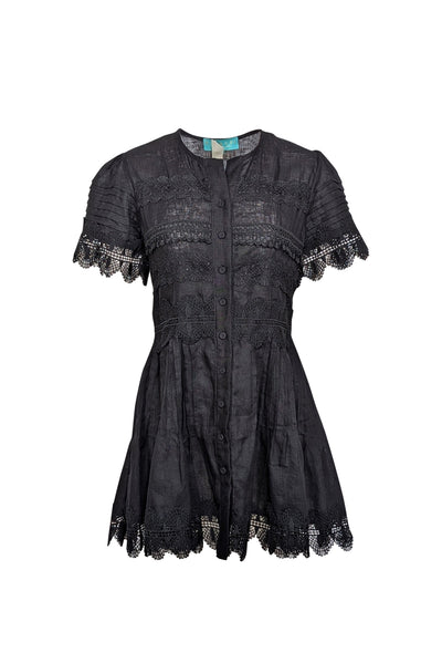 Current Boutique-Waimari - Black Linen Button Front Eyelet Lace Trim Dress Sz L