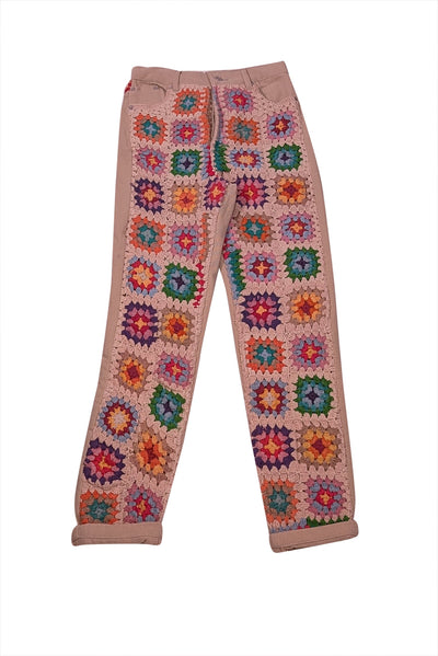 Current Boutique-We The Free - Cream & Multi Color Crochet Detail Jeans Sz 0