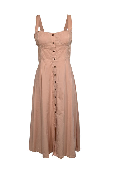 Current Boutique-WeWoreWhat - Tan Sleeveless w/ Polka Dot Mesh Bust Maxi Dress Sz L