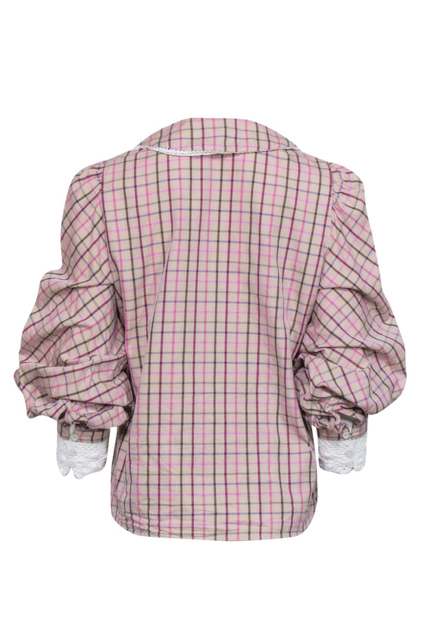 Current Boutique-Weekend Max Mara - Beige & Pink Multicolor Plaid Lace Trim Shirt Sz 10