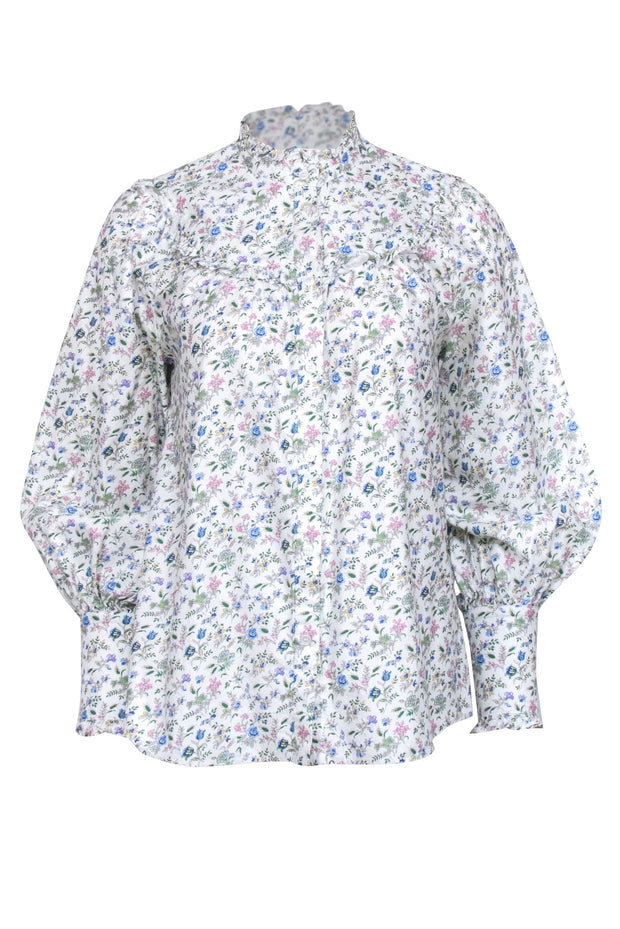 Current Boutique-Weekend Max Mara - Ivory w/ Multicolor Floral Print Ruffled Blouse Sz 8