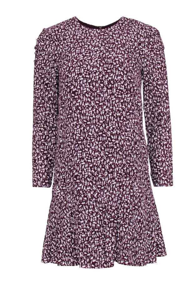 Current Boutique-Whistles - Maroon Printed Long Sleeve A-Line Dress w/ Ruched Shoulders Sz 2