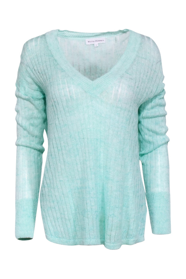 Current Boutique-White & Warren - Mint Green V-Neck Ribbed Knit Sweater Sz L