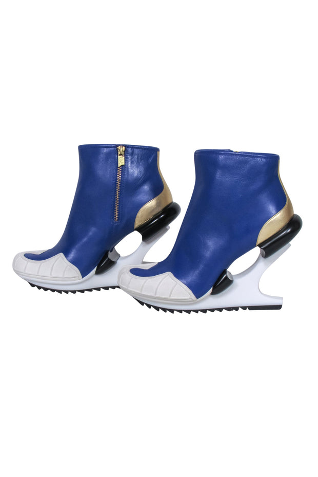 Current Boutique-Y-3 Yohji Yamamoto - Blue Leather Abstract Bootie Sz 6.5