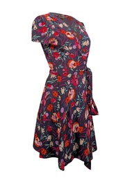 Current Boutique-Yumi Kim - Navy w/ Red & Purple Floral Print Silk Wrap Dress Sz M