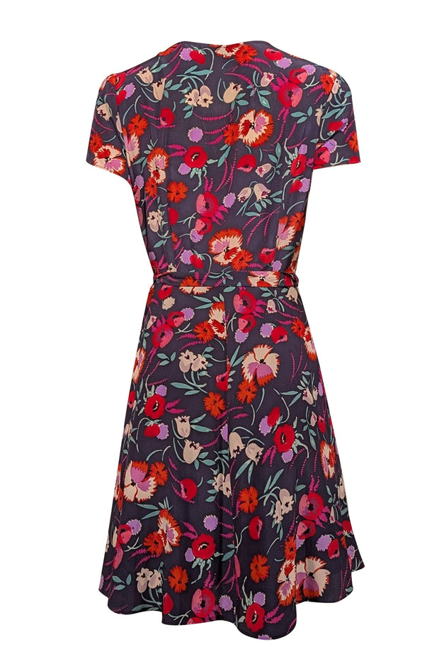 Current Boutique-Yumi Kim - Navy w/ Red & Purple Floral Print Silk Wrap Dress Sz M