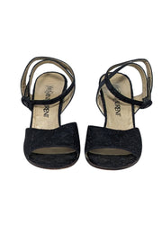 Current Boutique-Yves Saint Laurent - Black Embroidered Open Toe Wedges Sz 7.5