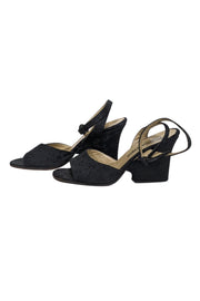 Current Boutique-Yves Saint Laurent - Black Embroidered Open Toe Wedges Sz 7.5