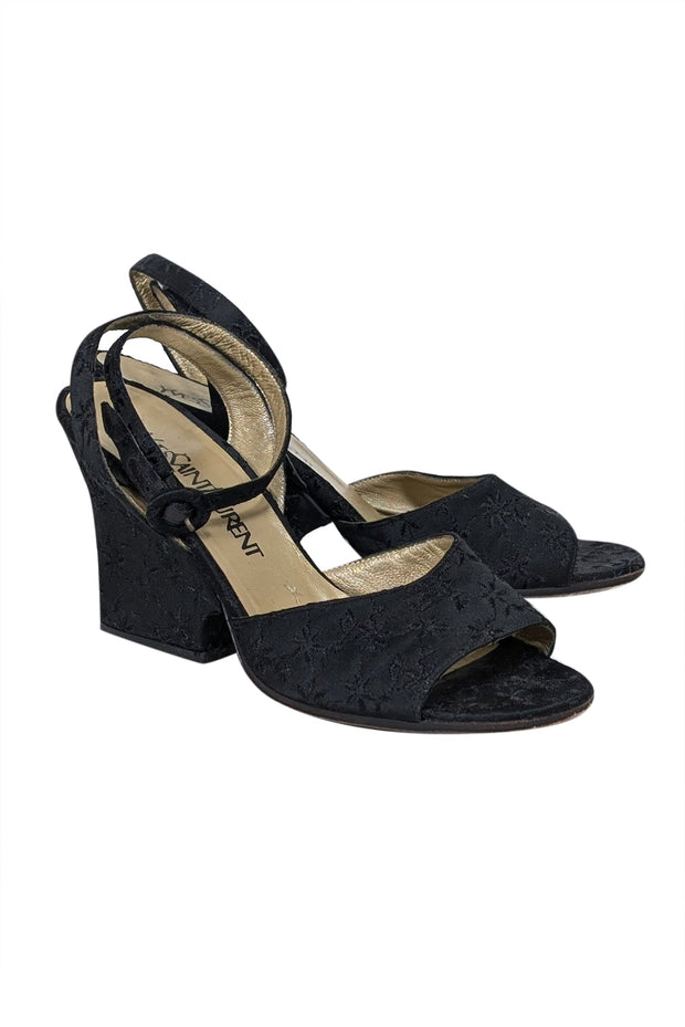 Current Boutique-Yves Saint Laurent - Black Embroidered Open Toe Wedges Sz 7.5