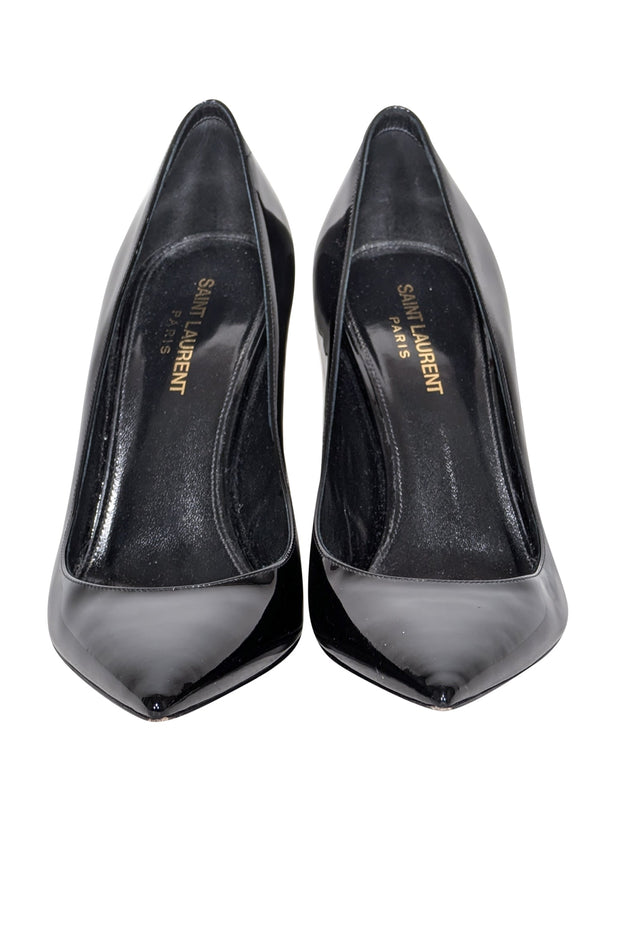 Current Boutique-Yves Saint Laurent - Black Patent Leather Pointed Tow Logo Heel Pumps Sz 9.5