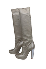 Current Boutique-Yves Saint Laurent - Champagne Gold Metallic Leather Tall Heeled Boots Sz 9