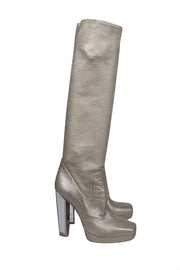 Current Boutique-Yves Saint Laurent - Champagne Gold Metallic Leather Tall Heeled Boots Sz 9