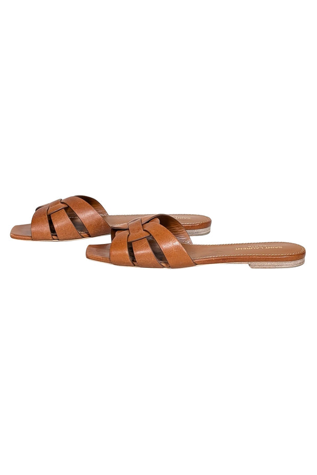 Current Boutique-Yves Saint Laurent - Tan Tribute Woven Leather Slides Sz 8.5