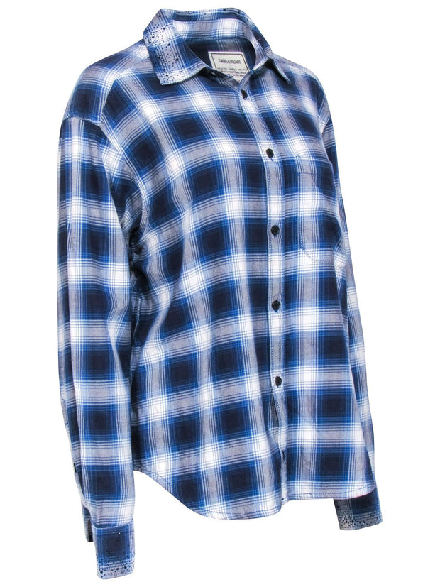 Current Boutique-Zadig & Voltaire - Blue & White Plaid Flannel w/ Rhinestones Sz L