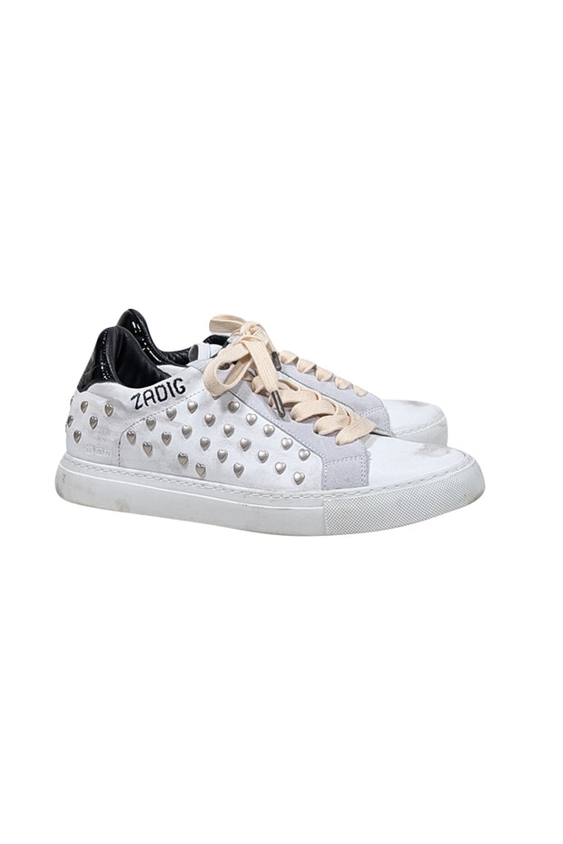 Current Boutique-Zadig & Voltaire - Distressed White Leather Heart Embellished Sneakers Sz 9