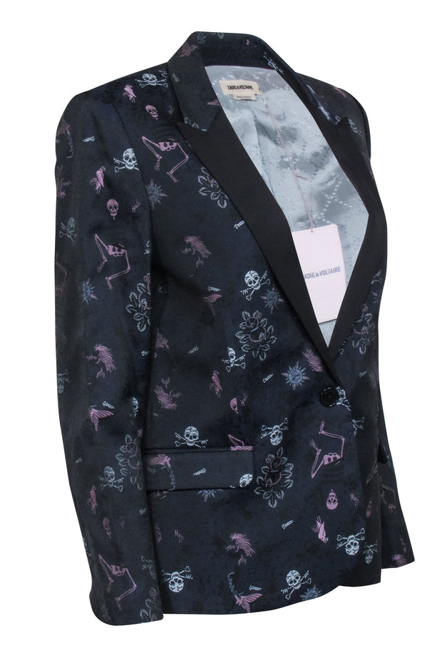 Current Boutique-Zadig & Voltaire - Navy w/ Black, Lavender, & Blue Skull Brocade Blazer Sz 2