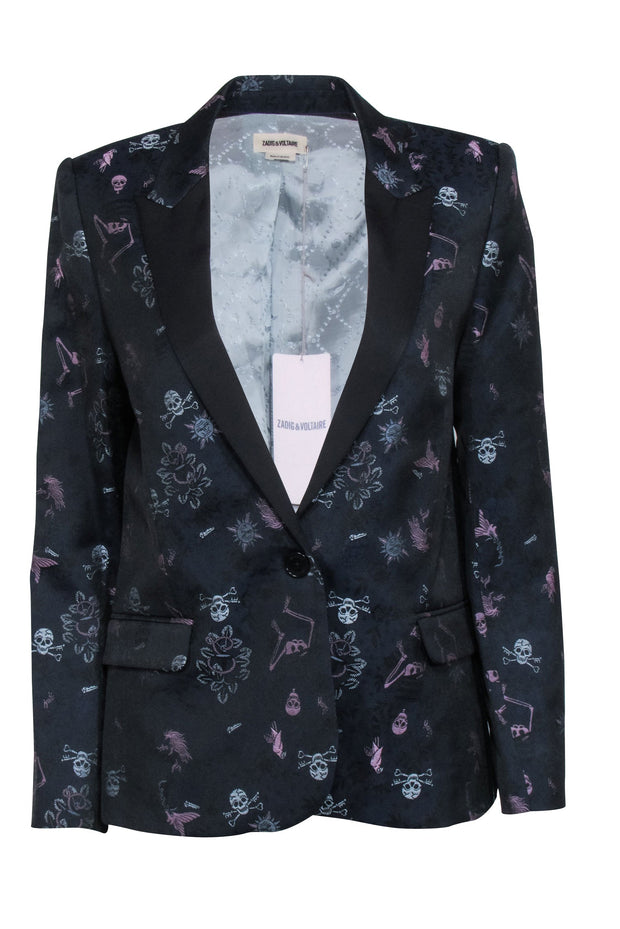 Current Boutique-Zadig & Voltaire - Navy w/ Black, Lavender, & Blue Skull Brocade Blazer Sz 2