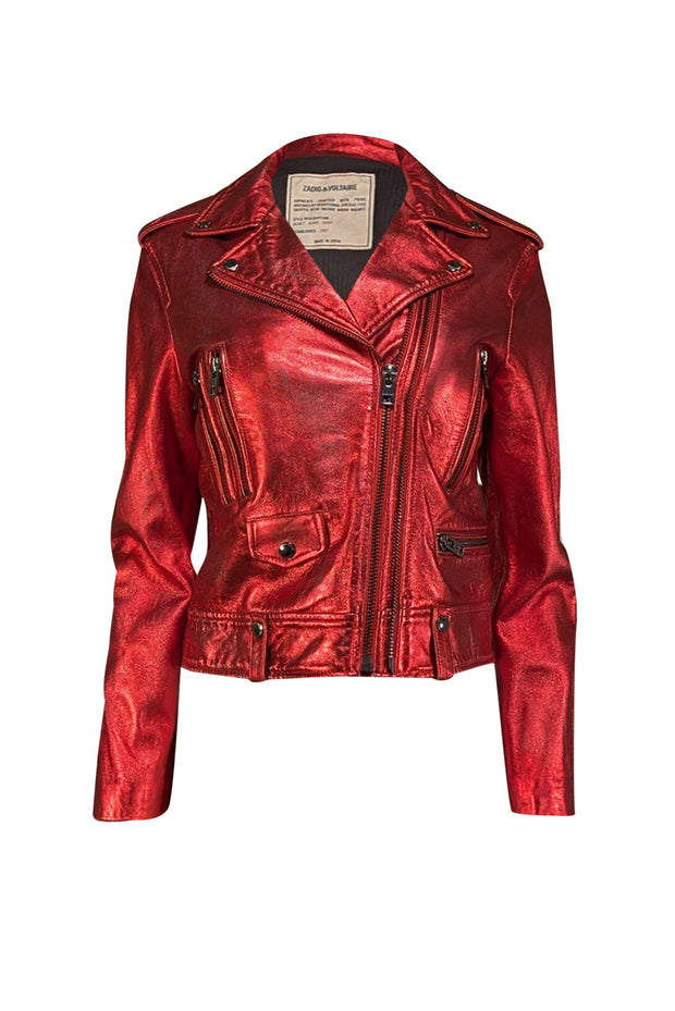 Current Boutique-Zadig & Voltaire - Red Metallic Leather Cropped Jacket Sz 8