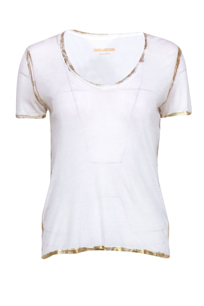 Current Boutique-Zadig & Voltaire - White Modal Classic White Tee w/ Gold-Toned Distressing Sz S