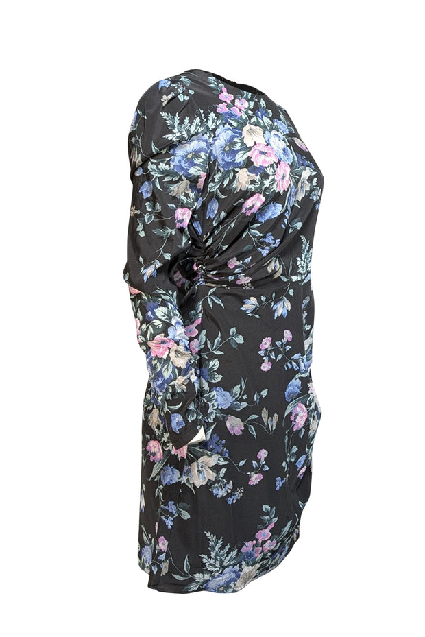 Current Boutique-Zimmermann - Black w/ Pink & Blue Floral Print Ruched Draped Silk Dress Sz 8