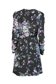 Current Boutique-Zimmermann - Black w/ Pink & Blue Floral Print Ruched Draped Silk Dress Sz 8