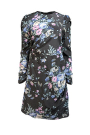 Current Boutique-Zimmermann - Black w/ Pink & Blue Floral Print Ruched Draped Silk Dress Sz 8