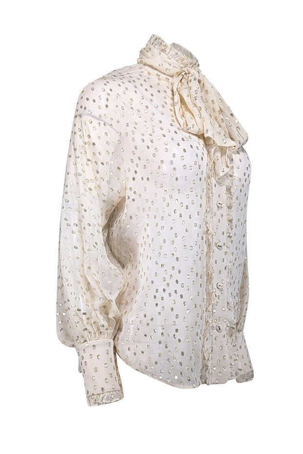 Current Boutique-Zimmermann - Cream & Gold Metallic Fil Coupé Silk-Blend Blouse Sz 4