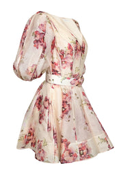 Current Boutique-Zimmermann - Cream, Red, & Pink Floral Print Belted Puff Sleeve Dress Sz 8