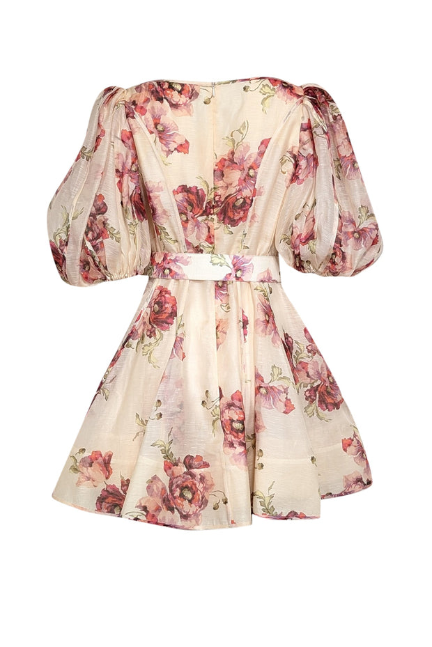 Current Boutique-Zimmermann - Cream, Red, & Pink Floral Print Belted Puff Sleeve Dress Sz 8