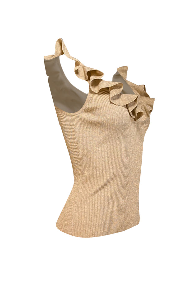 Current Boutique-Zimmermann - Gold Sparkle Ribbed Knit Ruffle Trim Tank Sz 6