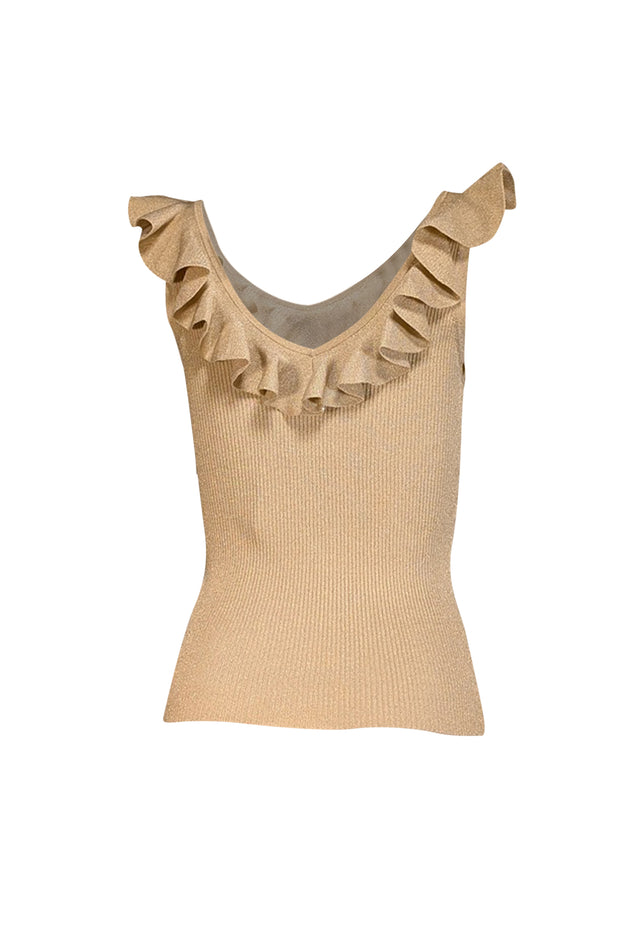 Current Boutique-Zimmermann - Gold Sparkle Ribbed Knit Ruffle Trim Tank Sz 6