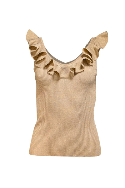 Current Boutique-Zimmermann - Gold Sparkle Ribbed Knit Ruffle Trim Tank Sz 6