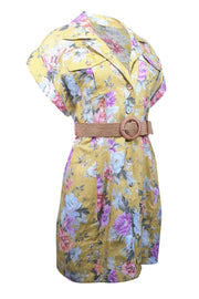 Current Boutique-Zimmermann - Mustard & Pink Floral Print Linen Belted Mini Dress Sz 6