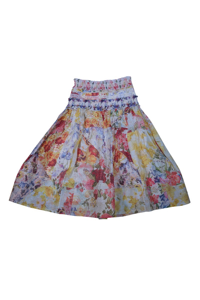 Current Boutique-Zimmermann - Yellow & Multicolor Floral Print Ruffled Linen-Silk Skirt Sz 10