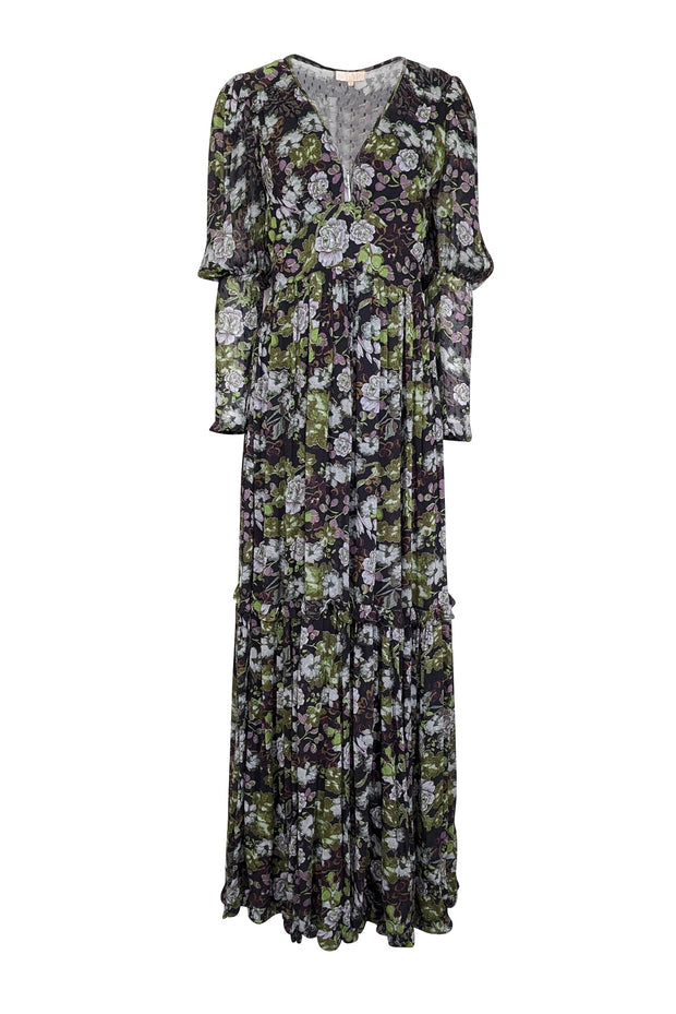 Current Boutique-byTimo - Black, Green, & Lavender Floral Print Maxi Dress Sz S