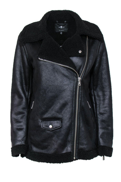 Current Boutique-7 For All Mankind - Black Zip-Up Moto-Style Jacket w/ Faux Shearling Trim Sz S