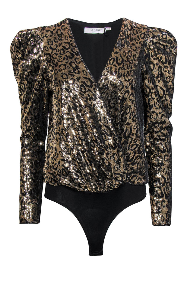 Current Boutique-ASTR the Label - Gold & Black Sequin Leopard Print Puff Sleeve Bodysuit Sz S