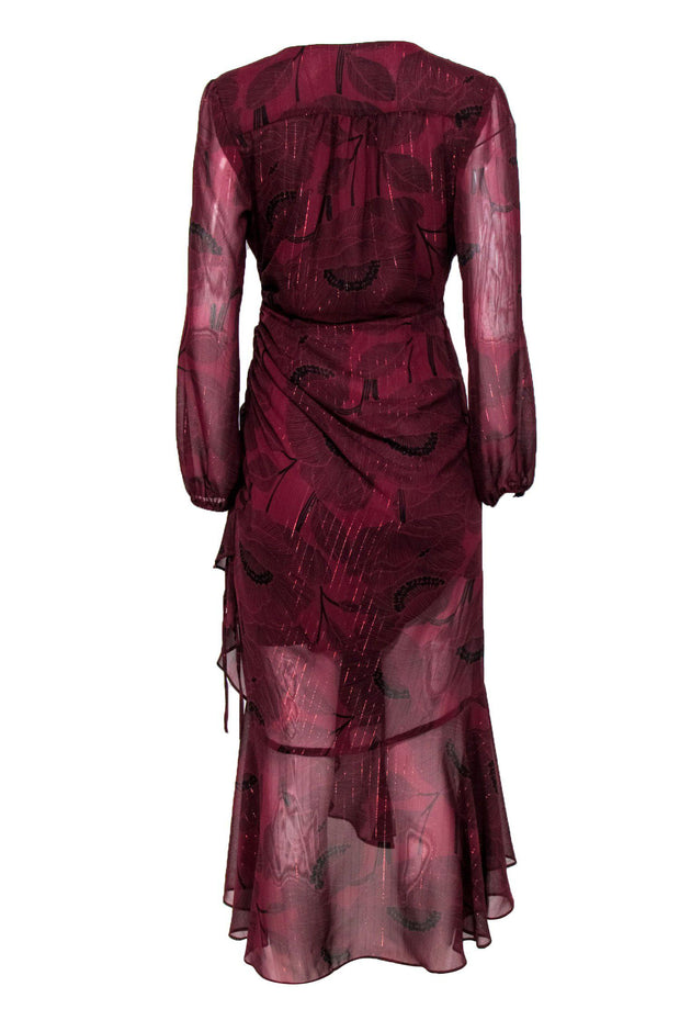 Current Boutique-ASTR the Label - Maroon Maxi Dress w/ Black Floral Print & Metallic Details Sz S