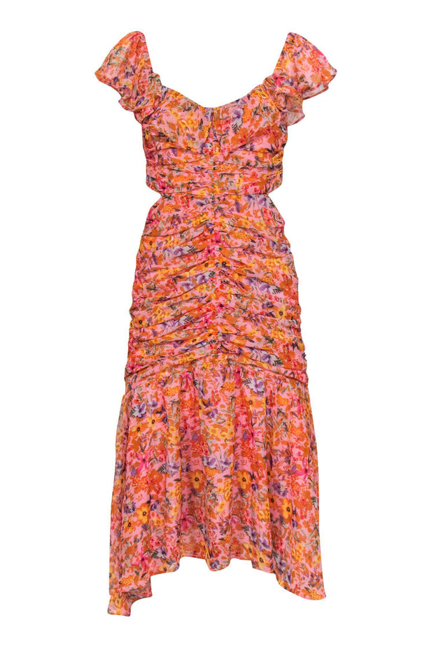 Current Boutique-ASTR the Label - Pink & Multicolored Floral Print Ruched Maxi Dress w/ Cutouts Sz M