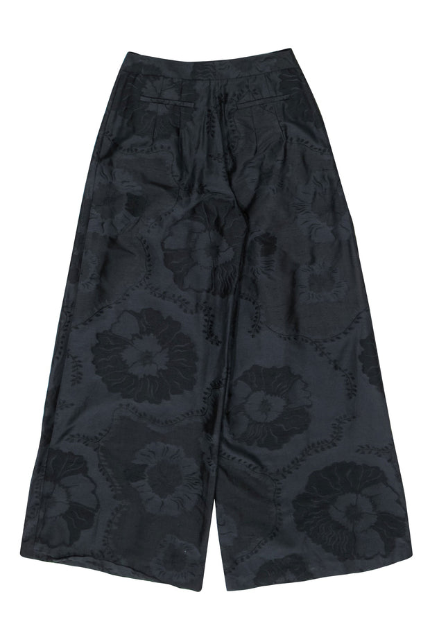 Current Boutique-Adam Lippes - Black Floral Embroidered Wide Leg Pleated Trousers Sz 6