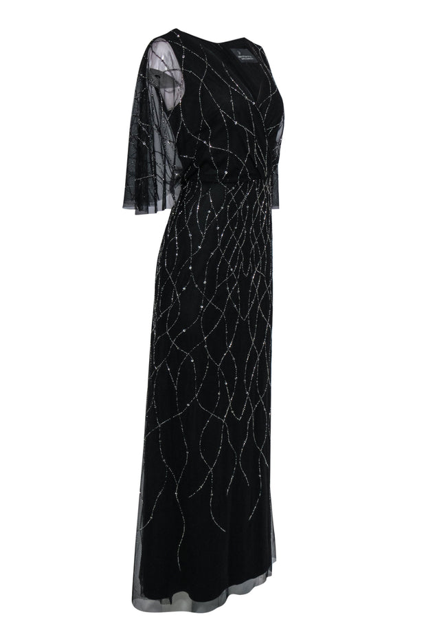 Current Boutique-Adrianna Papell - Black Flutter Sleeve Mesh Overlay Gown w/ Beading & Sequins Sz 8