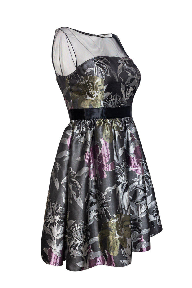 Current Boutique-Adrianna Papell - Gray & Purple Floral Dress w/ Illusion Neckline Sz 4