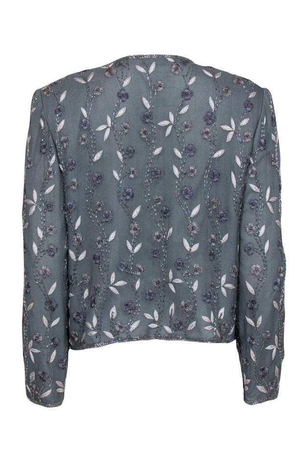 Current Boutique-Adrianna Papell - Slate Blue Floral Beaded Clasped Silk Jacket Sz 8P