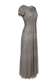 Current Boutique-Adrianna Papell - Taupe Short Sleeve Tulle Gown w/ Sequins & Pearls Sz 10P