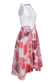 Current Boutique-Adrianna Papell - White High-Low Dress w/ Pink Floral Print Organza Skirt Sz 10