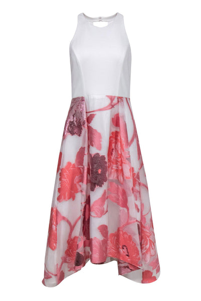 Current Boutique-Adrianna Papell - White High-Low Dress w/ Pink Floral Print Organza Skirt Sz 10