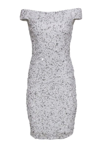 Current Boutique-Adrianna Papell - White Sequin Off-the-Shoulder Bodycon Dress Sz 4