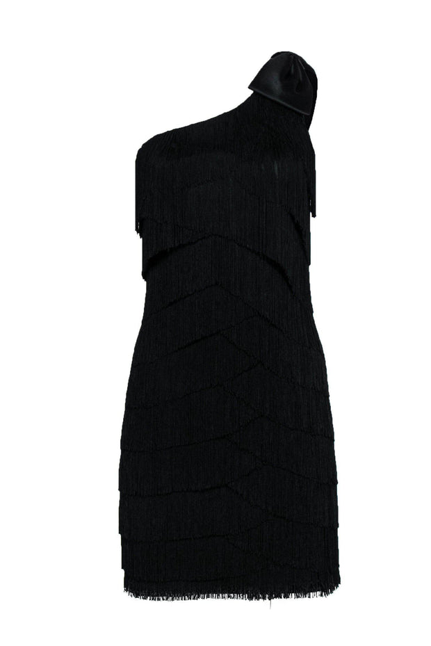 Current Boutique-Aidan Mattox - Black Fringe Sleeveless Shift Dress w/ Bow Sz 6